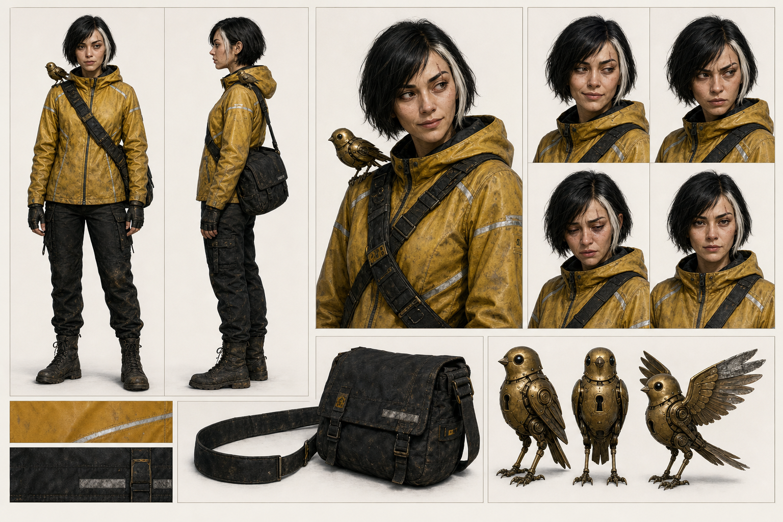 GPT Image 2 character reference sheet for Lena Vale showing face angles, expression strip, outfit swatches, messenger bag, and brass mechanical bird.